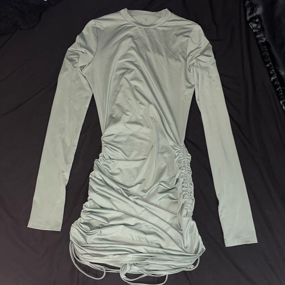 sage dress with adjustable scrunched side strings